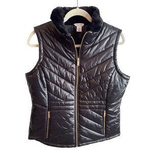 Calvin Klein‎ Womens Puffer Vest Black Faux Fur Collar Zip Pockets Size M